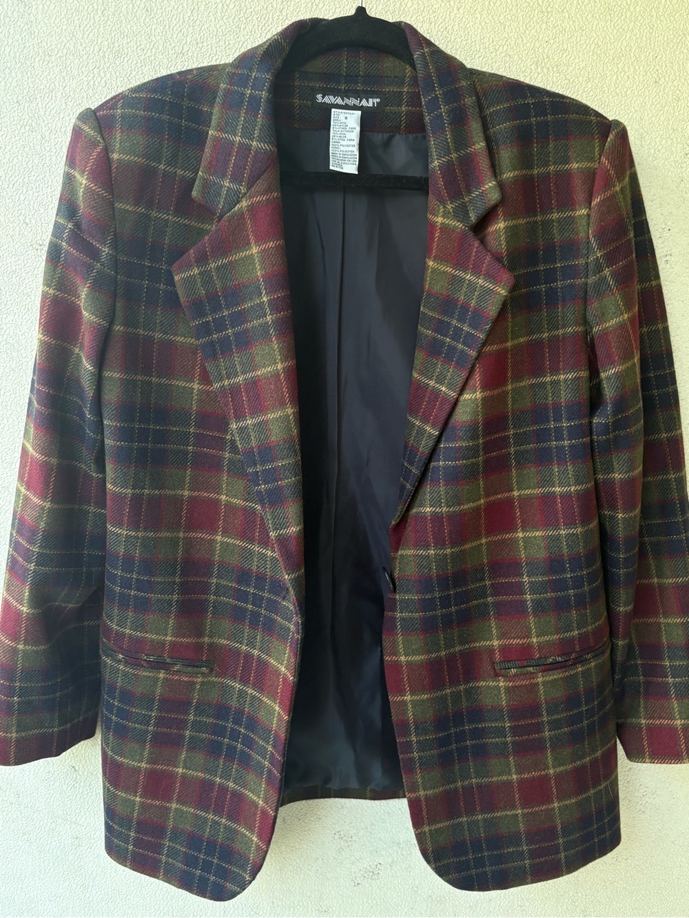 Savannah Wool Blend Tartan Plaid Longline Blazer Burgundy Olive Size 6